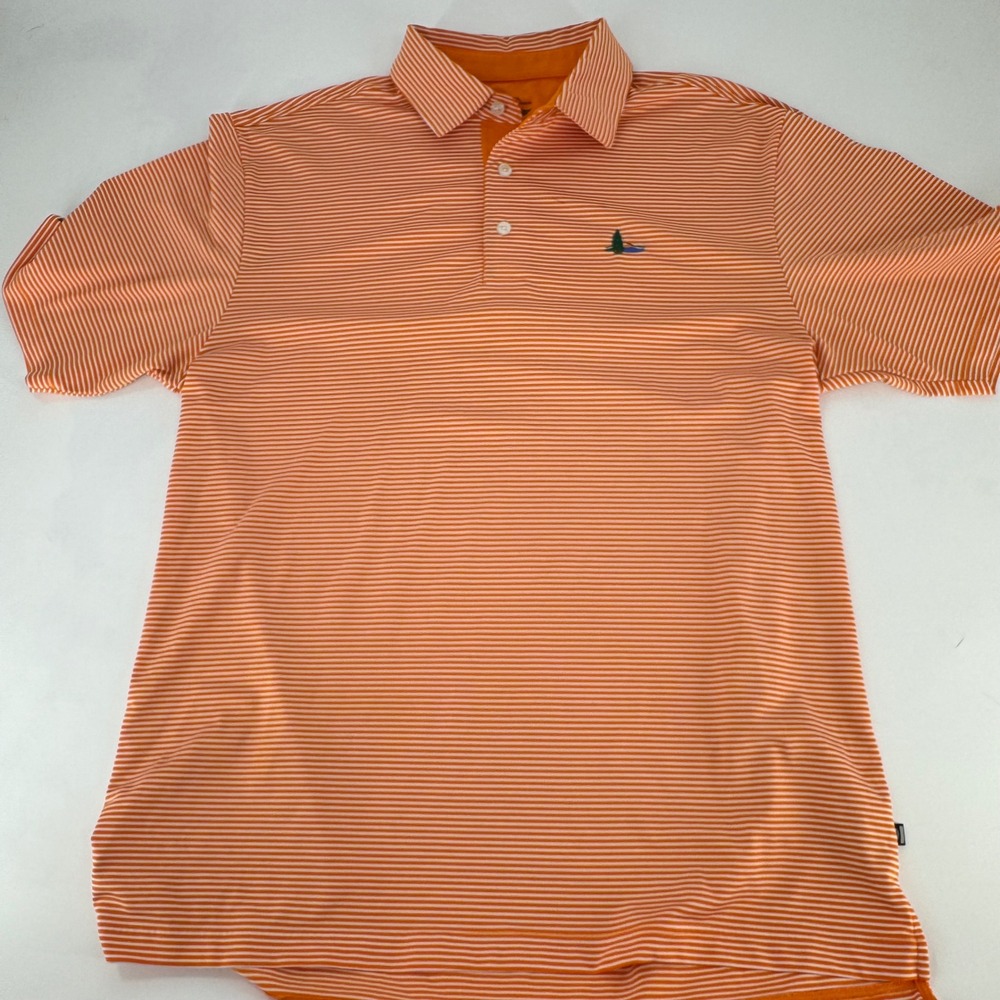 Straight Down Mens Large Golf Polo Shirt Orange White Striped Short Sleeve Logo